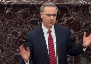 White House counsel Pat Cipollone speaks during opening arguments in the Senate impeachment trial of President Trump in this frame grab from video shot in the Senate Chamber at the US Capitol in Washington, on January 21, 2020. (Reuters)