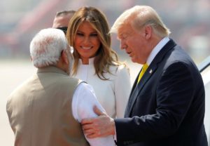 US President Donald Trump and first lady Melania Trump are welcomed by Indian Prime Minister Narendra Modi in Ahmedabad, India February 24, 2020. (Reuters)