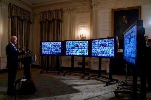 President Joe Biden speaks during a virtual swearing in ceremony of political appointees from the State Dining Room of the White House, Jan. 20, 2021. (AP)