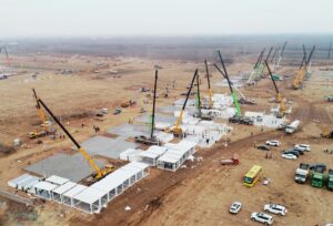 In this aerial photo released by China's Xinhua News Agency, workers build a large centralized quarantine facility in Shijiazhuang in northern China's Hebei Province, Thursday, Jan. 14, 2021. (AP)