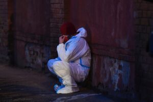 An emergency paramedic takes a moments rest outside a hospital after a fire broke out on the ground floor Friday Jan. 29, 2021. (AP)