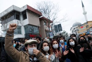 Students shout slogans as they wait in front of the Bogazici University in solidarity with fellow students inside the campus who are protesting against the new rector and the arrest of two students, in Istanbul, Turkey February 1, 2021. (Reuters)