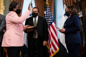 Vice President Kamala Harris hosts a ceremonial swearing in for US Ambassador to the United Nations Linda Thomas-Greenfield, at the Eisenhower Executive Office building on the White House campus, Wednesday, Feb. 24, 2021, in Washington. (AP)