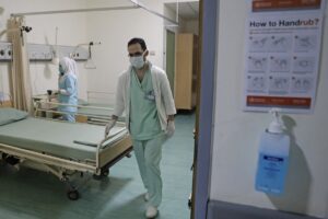 Lebanese nurses wearing protective masks work at a ward where the first case of coronavirus in the country is being treated. (File photo: AFP)