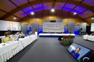 Delegates listening the speech by Acting UN envoy for Libya Stephanie Williams at the opening of the Libyan Political Dialogue Forum on February 1, 2021, at an undisclosed location near Geneva to choose a new temporary executive to lead the war-scarred country through a transition until scheduled December elections. (AFP)