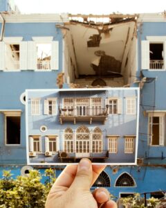 The “Bouyout Beirut” (Houses of Beirut) postcard series juxtaposes buildings that were damaged in the Beirut port explosion on Aug. 4 with an image taken before the blast that rocked the Lebanese capital. (Supplied)