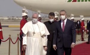 Pope Francis arrives at Baghdad International Airport. (Reuters)