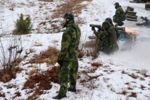 Members of the Gotland regiment fire an anti-tank weapon on a range during a live fire exercise on the Baltic island on February 5, 2019. (AFP)