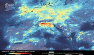 An animation image shows the nitrogen dioxide emissions across Europe in February 2020