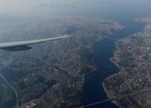 The Bosphorus strait is pictured through the window of a passenger aircraft over Istanbul, Turkey April 24, 2018. Picture taken April 24, 2018. (Reuters)