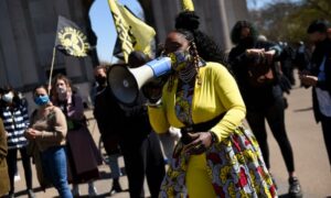 Marvina Eseoghene Newton at a protest in London on 17 April. 