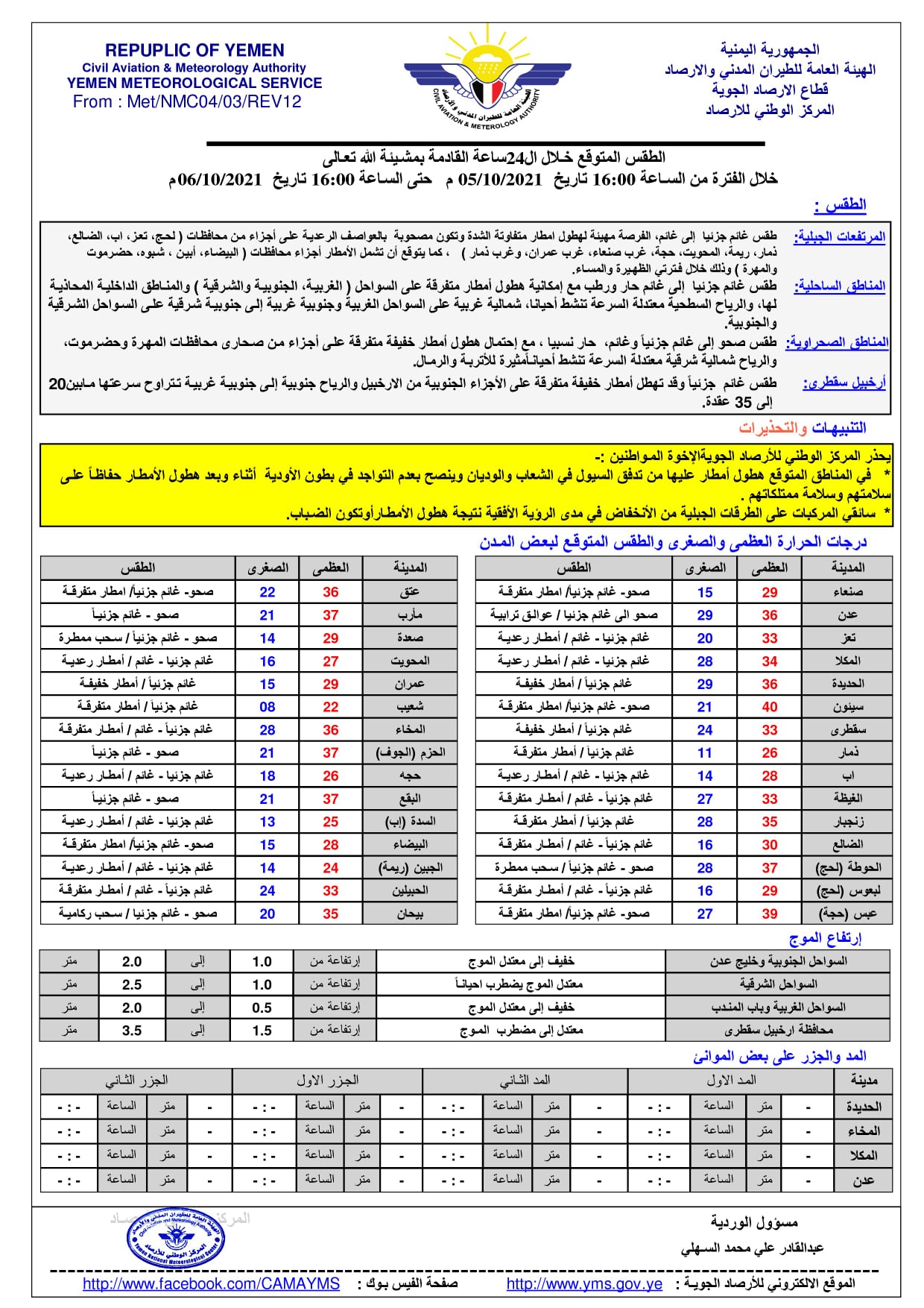 اليمن.. النشرة التحذيرية/ فيسبوك