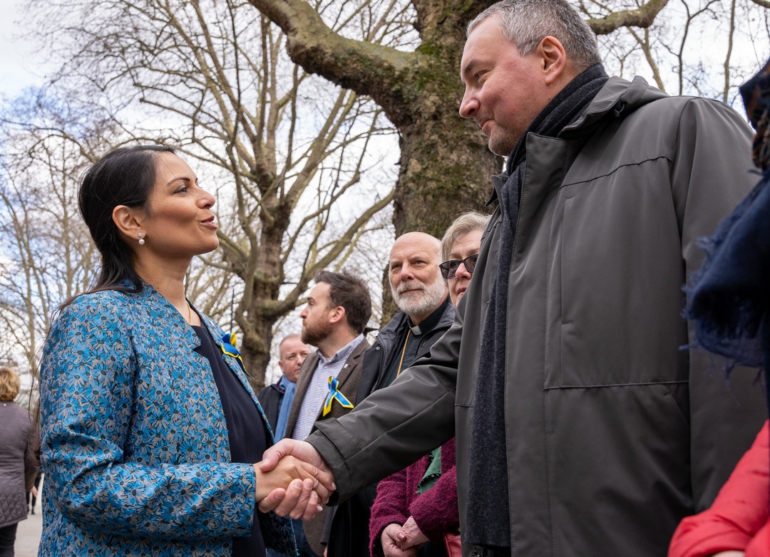 We’re extending the hand of friendship to thousands of Ukrainians. With our Ukraine Family Scheme, anyone from Ukraine with a close or extended family member here can apply, while our new sponsorship scheme will provide safety to those without family ties (File photo and text: British interior minister Priti Patel official Facebook page)